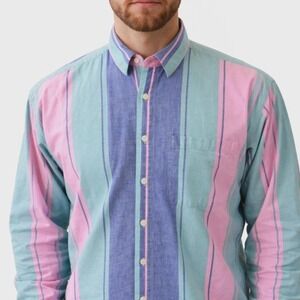 80s Vintage Cotton Striped Shirt Mens M Pink Blue Teal Candy Preppy Button Up